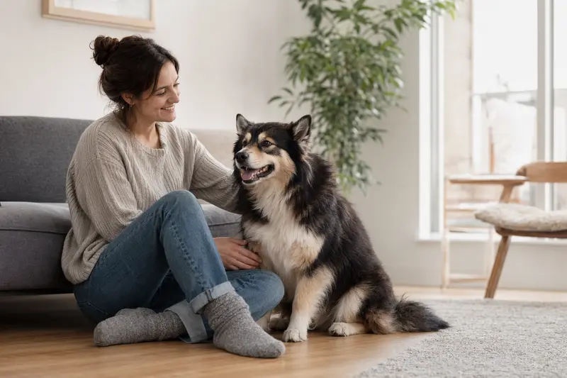 Ein entspannter Lappländischer Rentierhund sitzt neben seinem Halter in einer hellen Wohnung und strahlt Vertrauen aus.