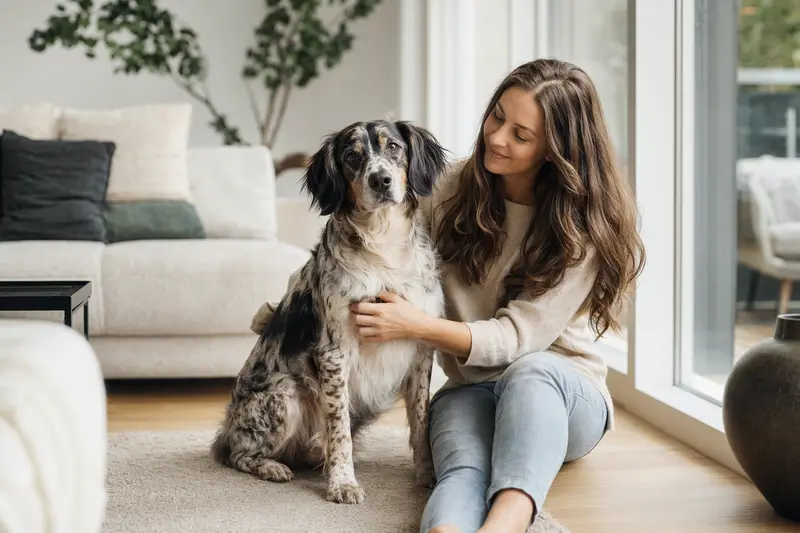 Ein glücklicher Laverack-Setter sitzt entspannt neben seinem Halter in einer modernen Wohnung, umgeben von warmem Licht.