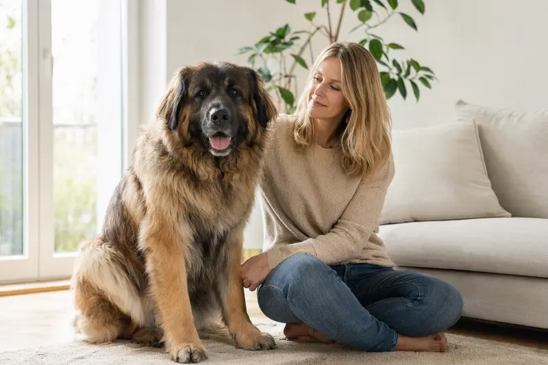 Ein entspannter Leonberger sitzt neben seinem Besitzer in einer modernen Wohnung, umgeben von warmem, natürlichem Licht.