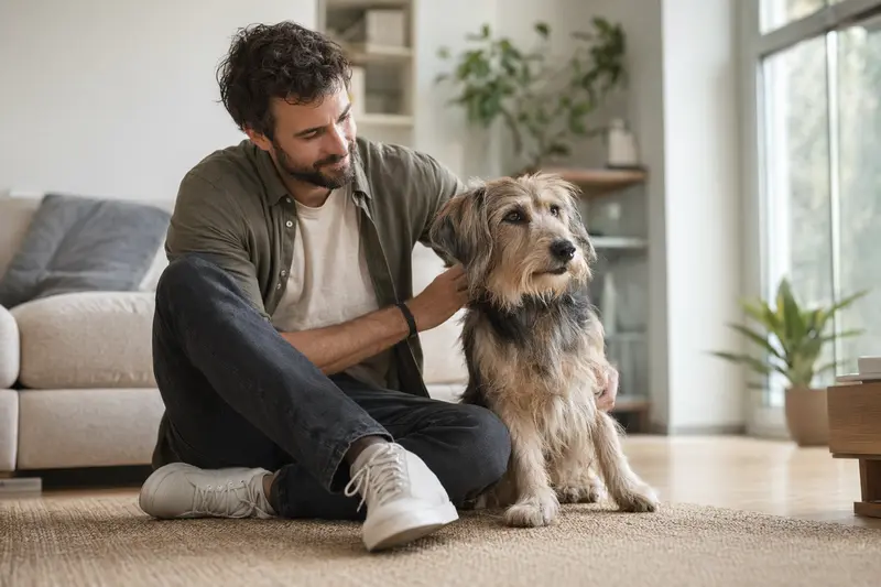 Glücklicher Hund sitzt entspannt neben seinem Halter in einer hellen Wohnung mit moderner, vertrauensvoller Atmosphäre – passendes Hero-Bild für einen Ratgeber zur Hundevericherung.