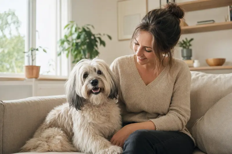 Ein glücklicher Löwchen sitzt entspannt neben seinem Halter in einer modernen Wohnung.
