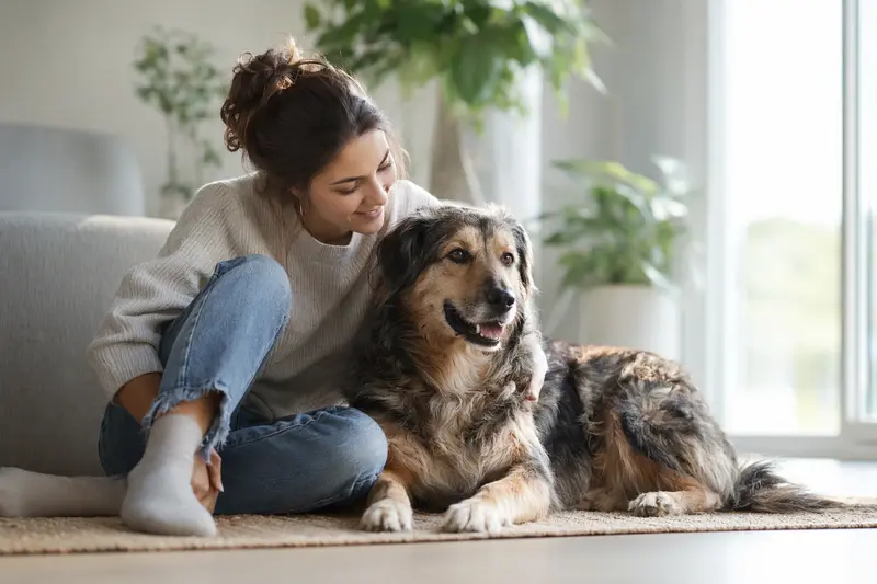 Glücklicher Hund sitzt entspannt neben seinem Halter in einer modernen Wohnung.