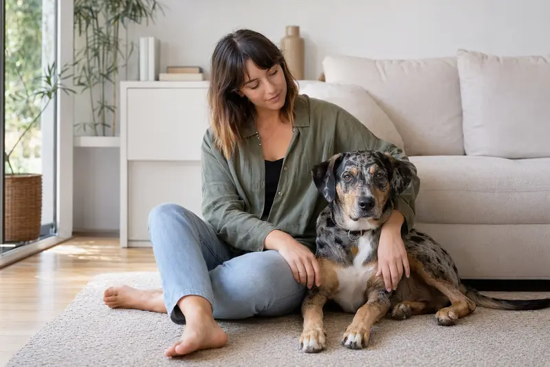 Ein entspannter Louisiana Catahoula Leopard Dog sitzt neben seinem Besitzer in einer hellen, modernen Wohnung.