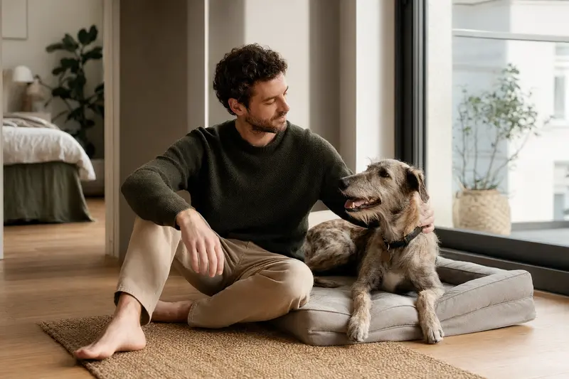 Ein glücklicher Lurcher sitzt entspannt neben seinem Besitzer in einem modernen, hellen Raum und strahlt Vertrauen aus.