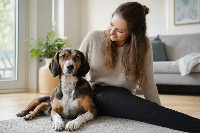Ein entspannter Luzerner Laufhund sitzt neben seinem Besitzer in einer modernen Wohnung und genießt die vertrauensvolle Atmosphäre.
