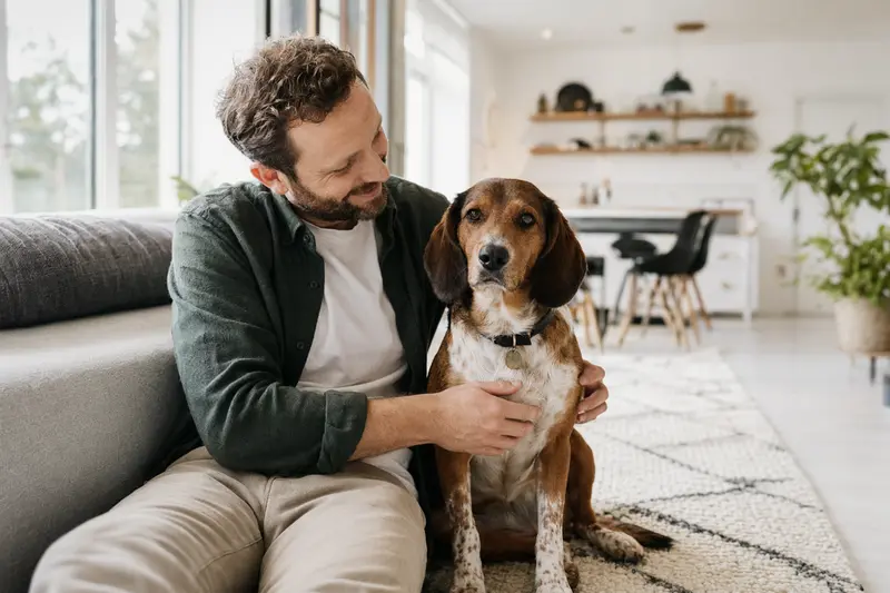 Ein glücklicher Luzerner Niederlaufhund sitzt entspannt neben seinem Besitzer in einem hellen Raum und strahlt Zufriedenheit aus.