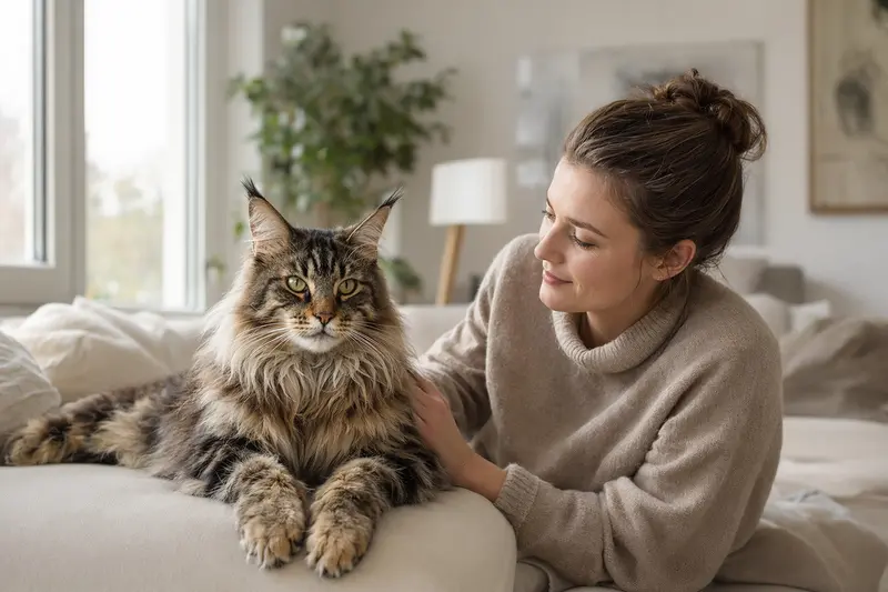 Ein entspannter Maine Coon sitzt neben seinem Besitzer in einer modernen Wohnung, umgeben von natürlichem Licht.