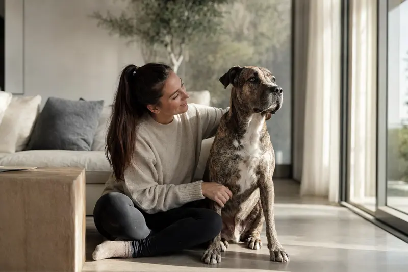 Ein entspannter Mallorca-Dogge sitzt neben seinem Besitzer in einer modernen Wohnung und strahlt Zufriedenheit aus.