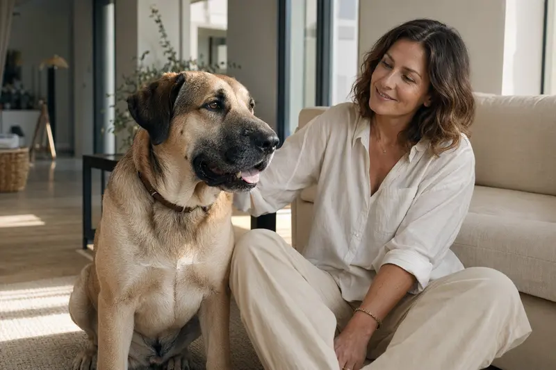 Ein entspannter Mallorca Mastiff sitzt neben seinem Halter in einer modernen Wohnung.