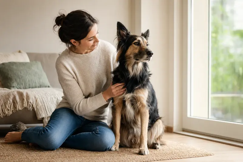 Ein glücklicher Mallorca-Schäferhund sitzt entspannt neben seinem Besitzer in einer modernen Wohnung und strahlt Vertrauen aus.
