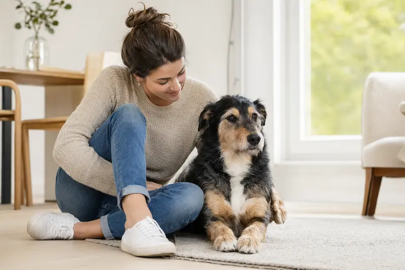 Ein entspannter Mallorqui-Hund sitzt neben seinem Besitzer in einer hellen Wohnung, umgeben von einem warmen Licht.