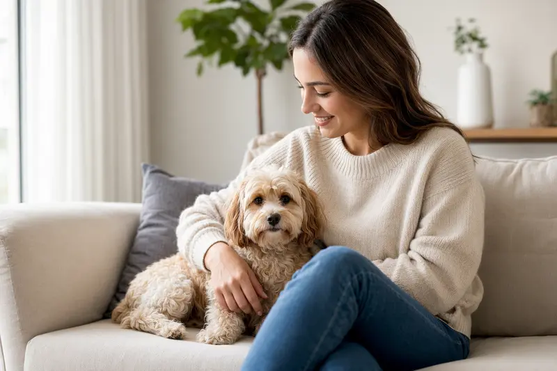 Ein glücklicher Maltipoo sitzt entspannt neben seinem Besitzer in einer modernen Wohnung und strahlt Zufriedenheit aus.