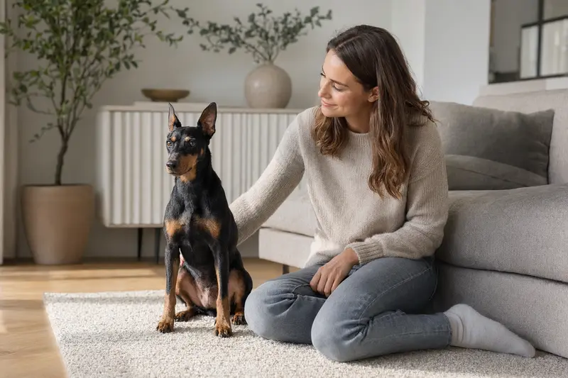 Ein glücklicher Manchester Terrier sitzt entspannt neben seinem Besitzer in einer modernen Wohnung.