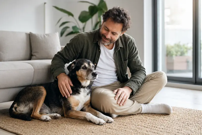 Ein entspannter, glücklicher Hund sitzt neben seinem Halter in einem modernen Wohnraum, umgeben von natürlichem Licht.