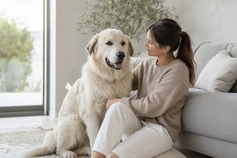 Ein glücklicher Maremmaner Hirtenhund sitzt entspannt neben seinem Besitzer in einer modernen Wohnung und strahlt Vertrauen aus.
