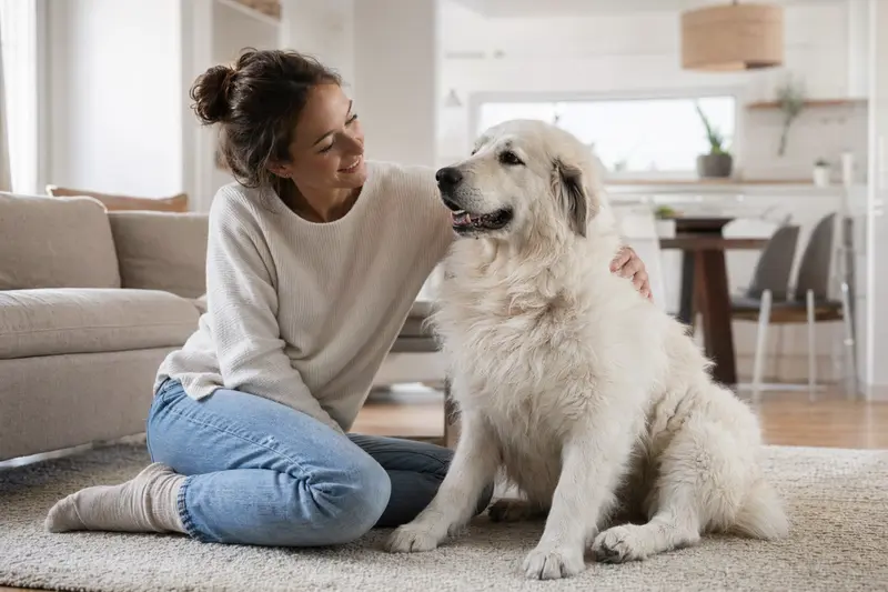 Ein freundlicher Maremmen-Abruzzen-Schäferhund entspannt bei seinem Besitzer in einer hellen modernen Wohnung.