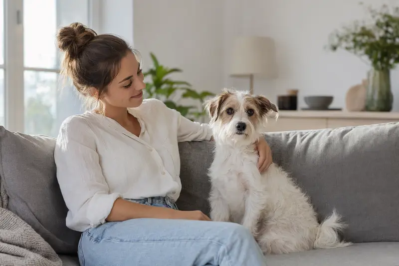Ein glücklicher Markiesje sitzt entspannt neben seinem Halter in einer hellen Wohnung und genießt die vertrauensvolle Atmosphäre.