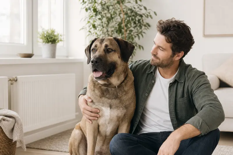 Ein entspannter Mastiff sitzt neben seinem Halter in einer hellen Wohnung.