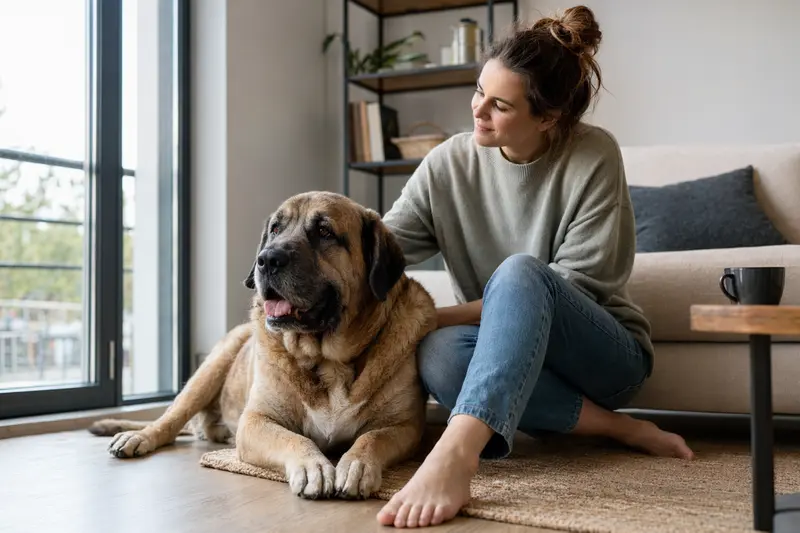 Ein glücklicher Mastin de Aragon sitzt entspannt neben seinem Besitzer in einer hellen Wohnung und vermittelt eine vertrauensvolle Atmosphäre.