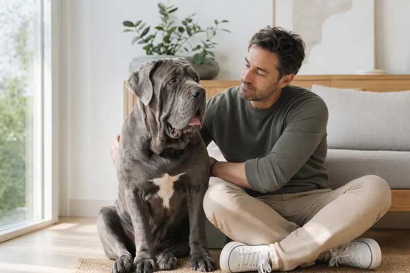 Ein glücklicher Mastino Napoletano sitzt entspannt neben seinem Halter in einer modernen Wohnung.