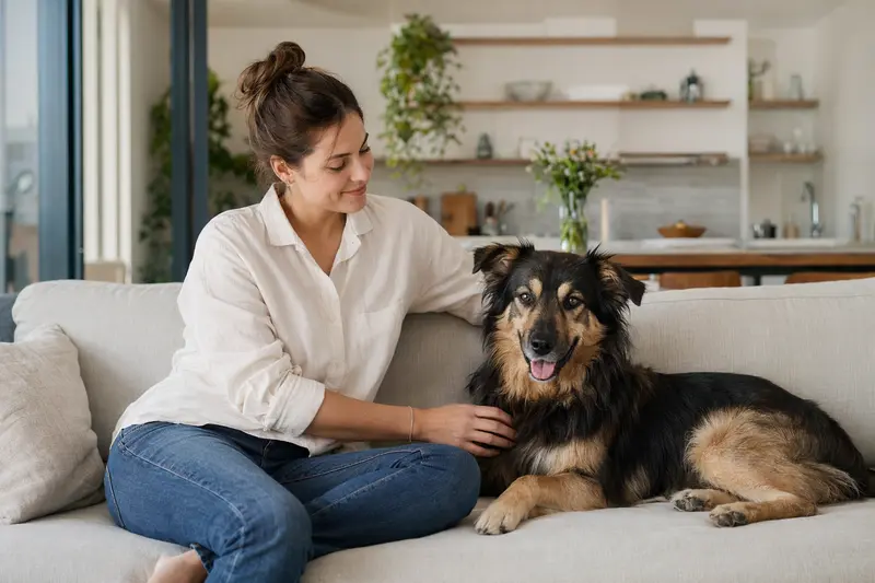 Ein entspannter Mazedonischer Hirtenhund sitzt neben seinem Besitzer in einer modernen Wohnung.