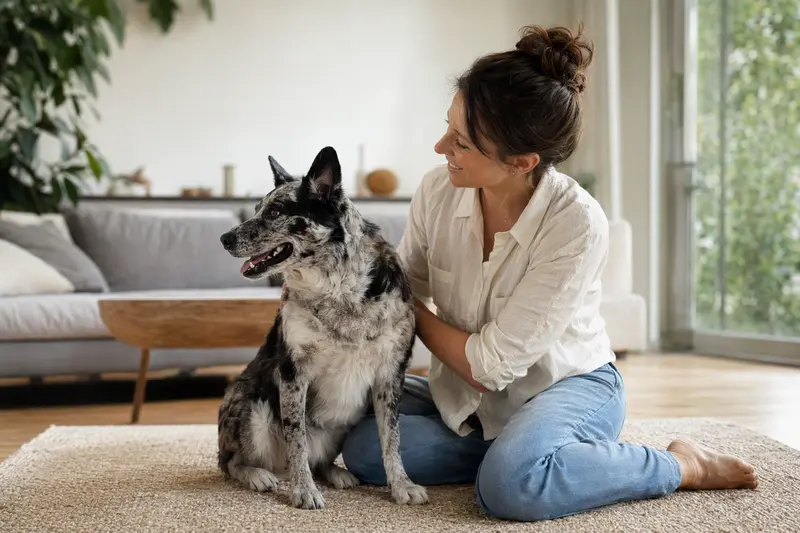 Ein glücklicher McNab-Hund sitzt entspannt neben seinem Besitzer in einem hellen, modernen Wohnraum.