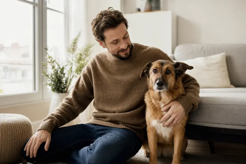 Ein entspannter Mekong-Bobtail sitzt neben seinem Besitzer in einer modernen Wohnung und genießt das warme Licht.