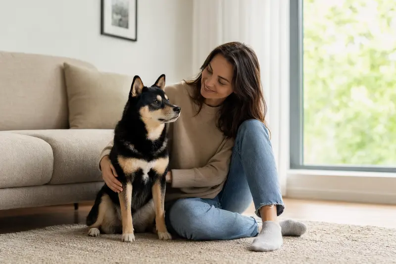Glücklicher Mikawa Inu sitzt entspannt neben seinem Besitzer in einer modernen Wohnung mit warmem Licht.