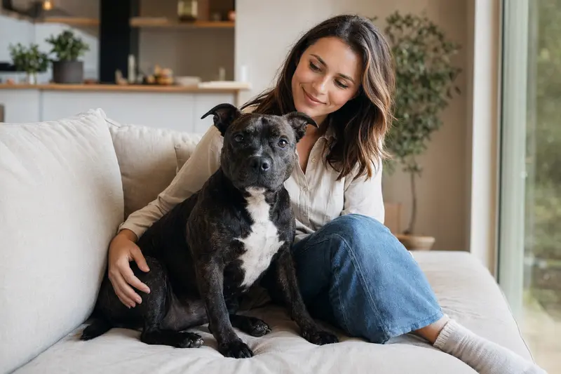Ein glücklicher Hund sitzt entspannt neben seinem Besitzer in einer modernen Wohnung.