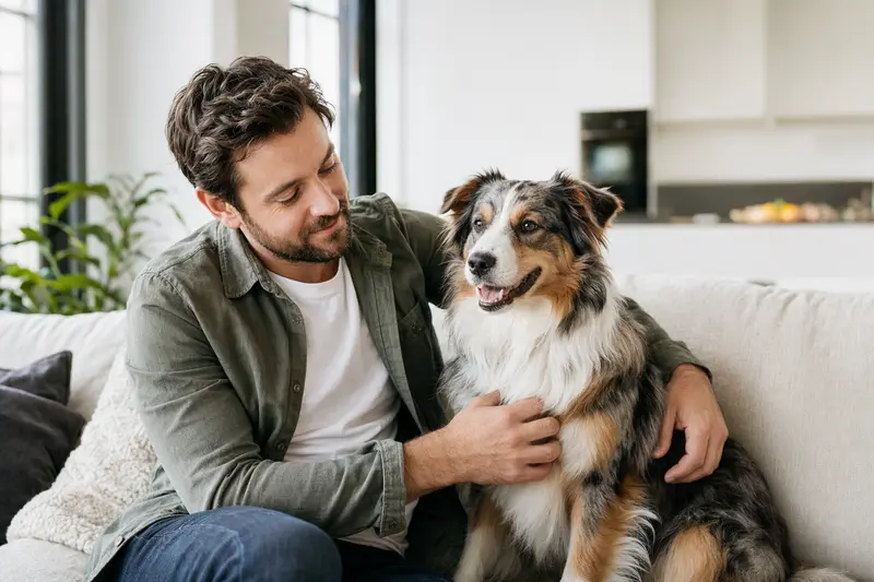 Ein glücklicher Miniature American Shepherd sitzt entspannt neben seinem Besitzer in einer modernen Wohnung.