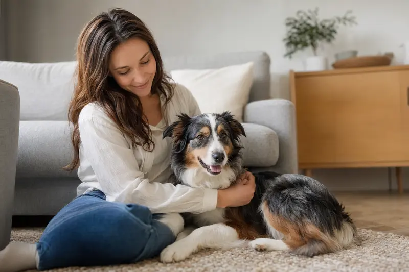 Miniature Australian Shepherd sitzt entspannt neben seinem besorgten Besitzer in einer modernen Wohnung.