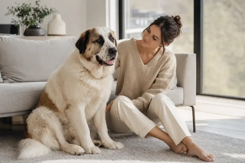 Ein gesunder, freundlicher Mittelasiatischer Owtscharka sitzt entspannt neben seinem Besitzer in einer modernen Wohnung.