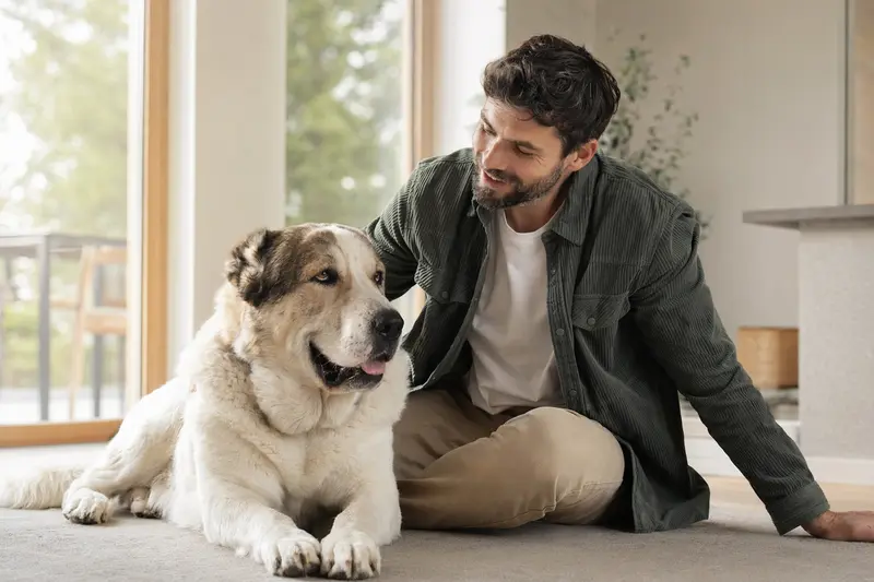 Ein glücklicher Mittelasiatischer Schäferhund sitzt entspannt neben seinem Besitzer in einer modernen Wohnung.