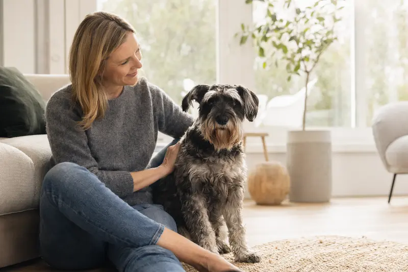Ein glücklicher Mittelschnauzer sitzt entspannt neben seinem Besitzer in einer modernen Wohnung.