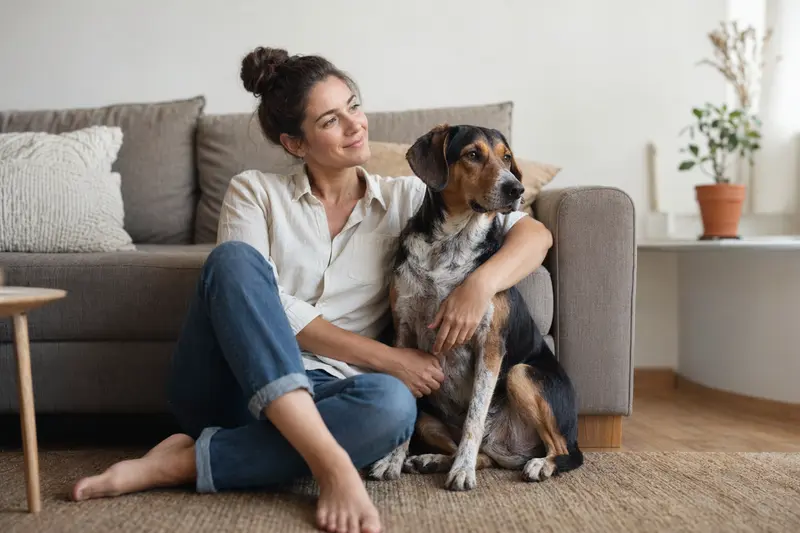 Ein glücklicher Hund sitzt entspannt neben seinem Halter in einer modernen Wohnung.