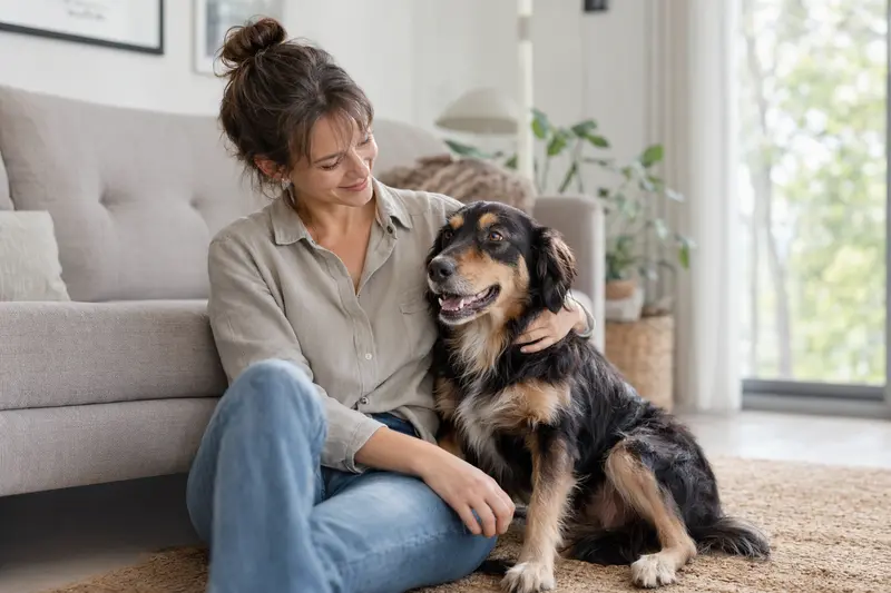 Ein entspannter Montenegrinischer Gebirgslaufhund sitzt in einer modernen Wohnung neben seinem glücklichen Besitzer.