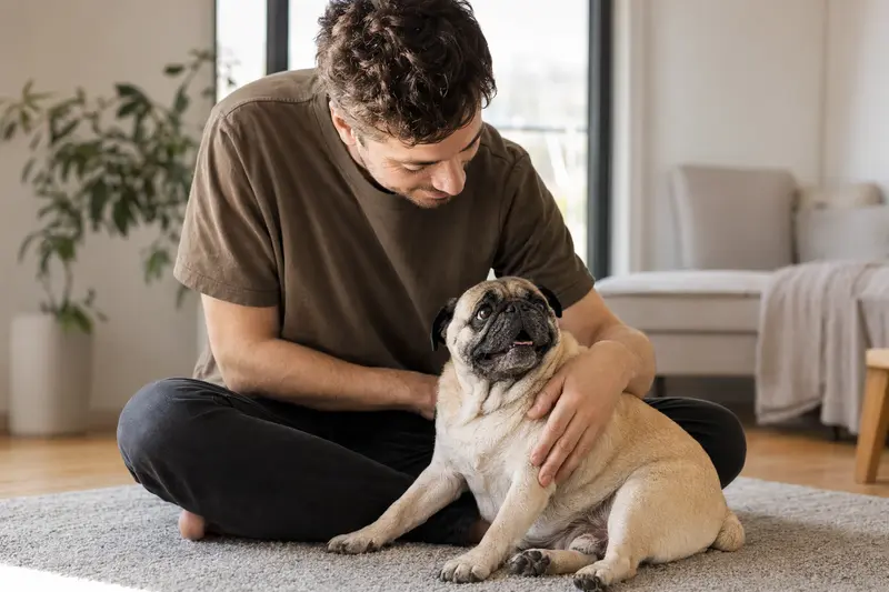 Ein harmonischer Mops sitzt entspannt neben seinem Besitzer in einer hellen, modernen Wohnung und strahlt Zufriedenheit aus.