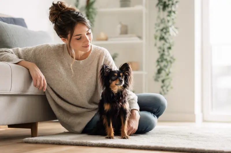Ein entspannter Moskauer Langhaariger Toy Terrier sitzt neben seinem Besitzer in einer modernen Wohnung.