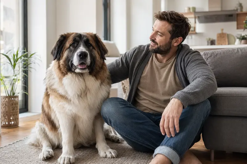 Ein entspannter Moskauer Wachhund sitzt neben seinem glücklichen Besitzer in einer hellen modernen Wohnung.