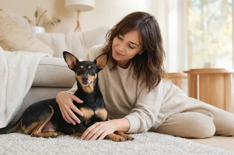 Ein entspannter Moskauer Zwergterrier sitzt neben seinem Besitzer in einer hellen, modernen Wohnung.