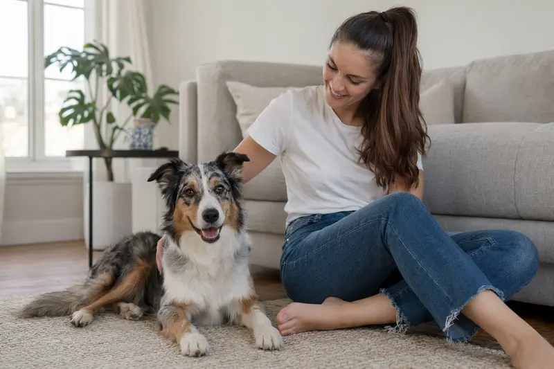 Ein entspannter Mountain Collie sitzt glücklich neben seinem Besitzer in einer hellen Wohnung.