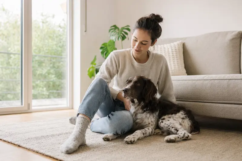 Ein glücklicher Münsterländer sitzt entspannt neben seinem Halter in einer hellen modernen Wohnung.