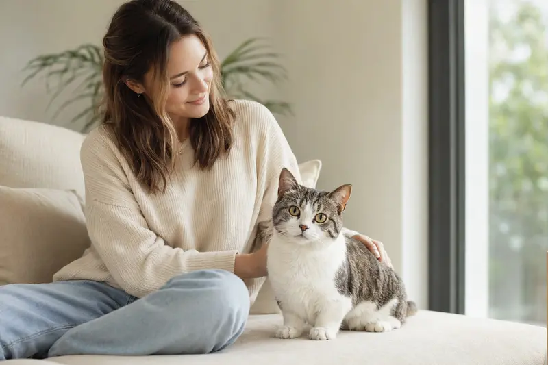 Eine freundliche Munchkin Katze sitzt entspannt neben ihrem Besitzer in einer hellen, modernen Wohnung.