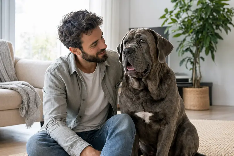 Ein glücklicher Neapolitanischer Mastiff sitzt entspannt neben seinem Besitzer in einer hellen Wohnung.