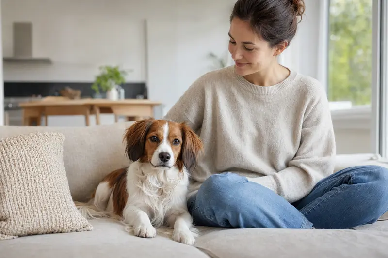 Ein gesunder Nederlandse Kooikerhondje sitzt entspannt neben seinem Besitzer in einer modernen Wohnung.