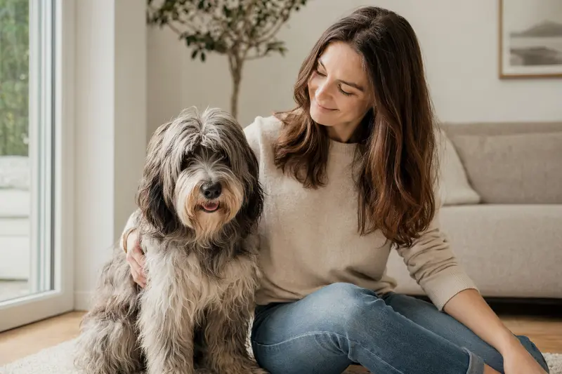 Ein glücklicher Nederlandse Schapendoes sitzt entspannt neben seinem Besitzer in einer hellen modernen Wohnung und vermittelt mit seiner Hundekrankenversicherung eine vertrauensvolle Atmosphäre.