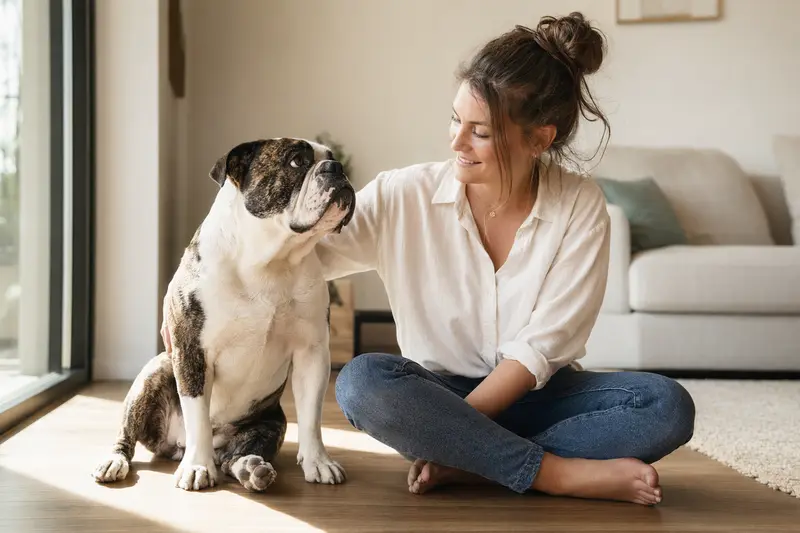 Eine entspannte Neue Englische Bulldogge sitzt neben ihrem glücklichen Besitzer in einer modernen Wohnung.