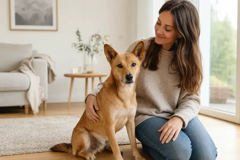 Ein glücklicher Neuguinea-Dingo sitzt entspannt neben seinem Besitzer in einer modernen Wohnung.
