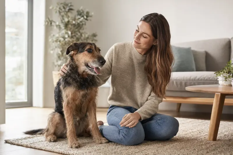 Ein glücklicher Niederlaufhund sitzt entspannt neben seinem Halter in einer hellen modernen Wohnung.