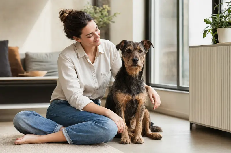 Ein entspannter Nippon-Terrier sitzt neben seinem Besitzer in einer hellen, modernen Wohnung.